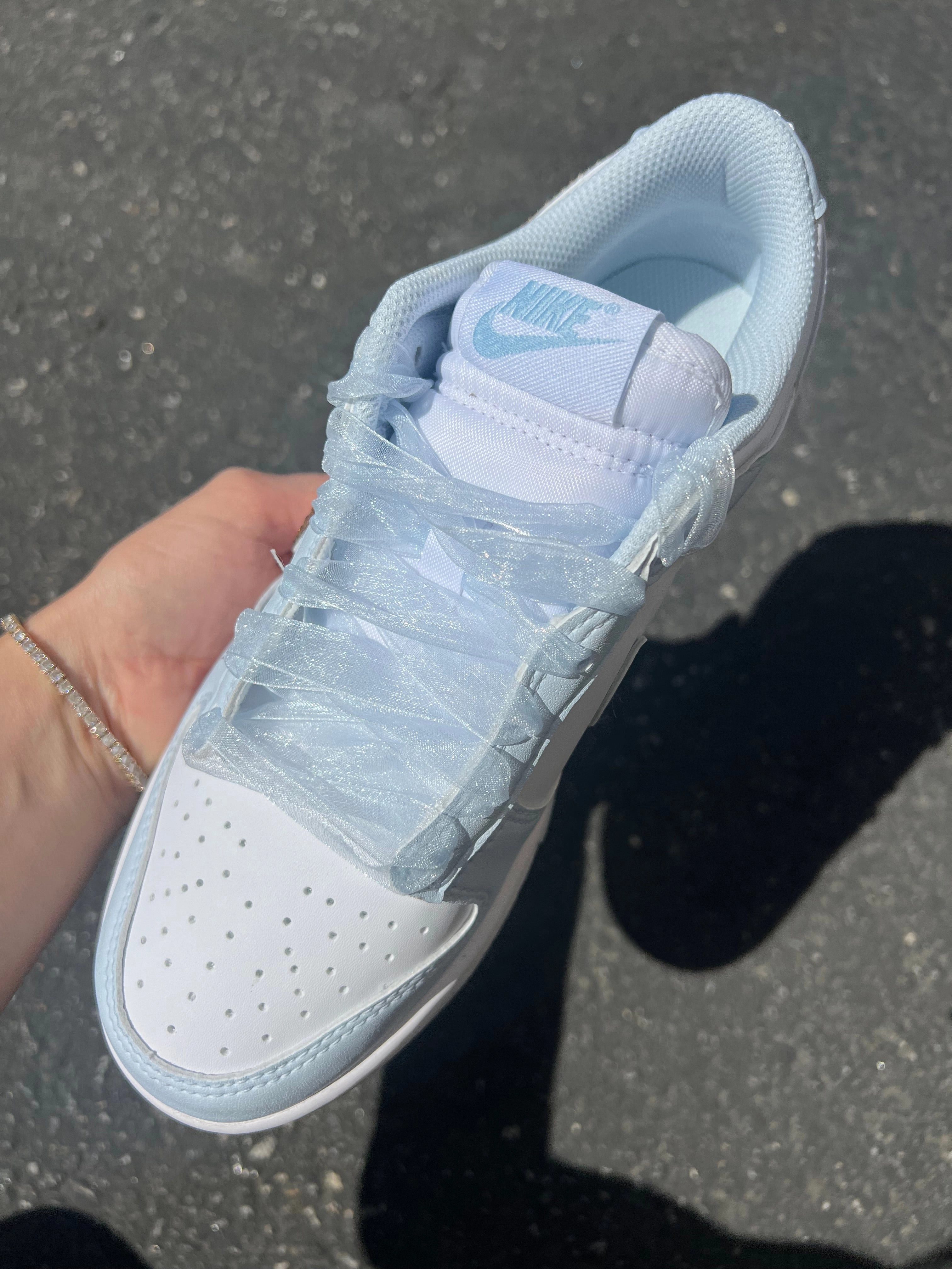 Comfort Guarantee Blue Organza Ribbon Lace Swarovski Womens Nike Dunk Shoes