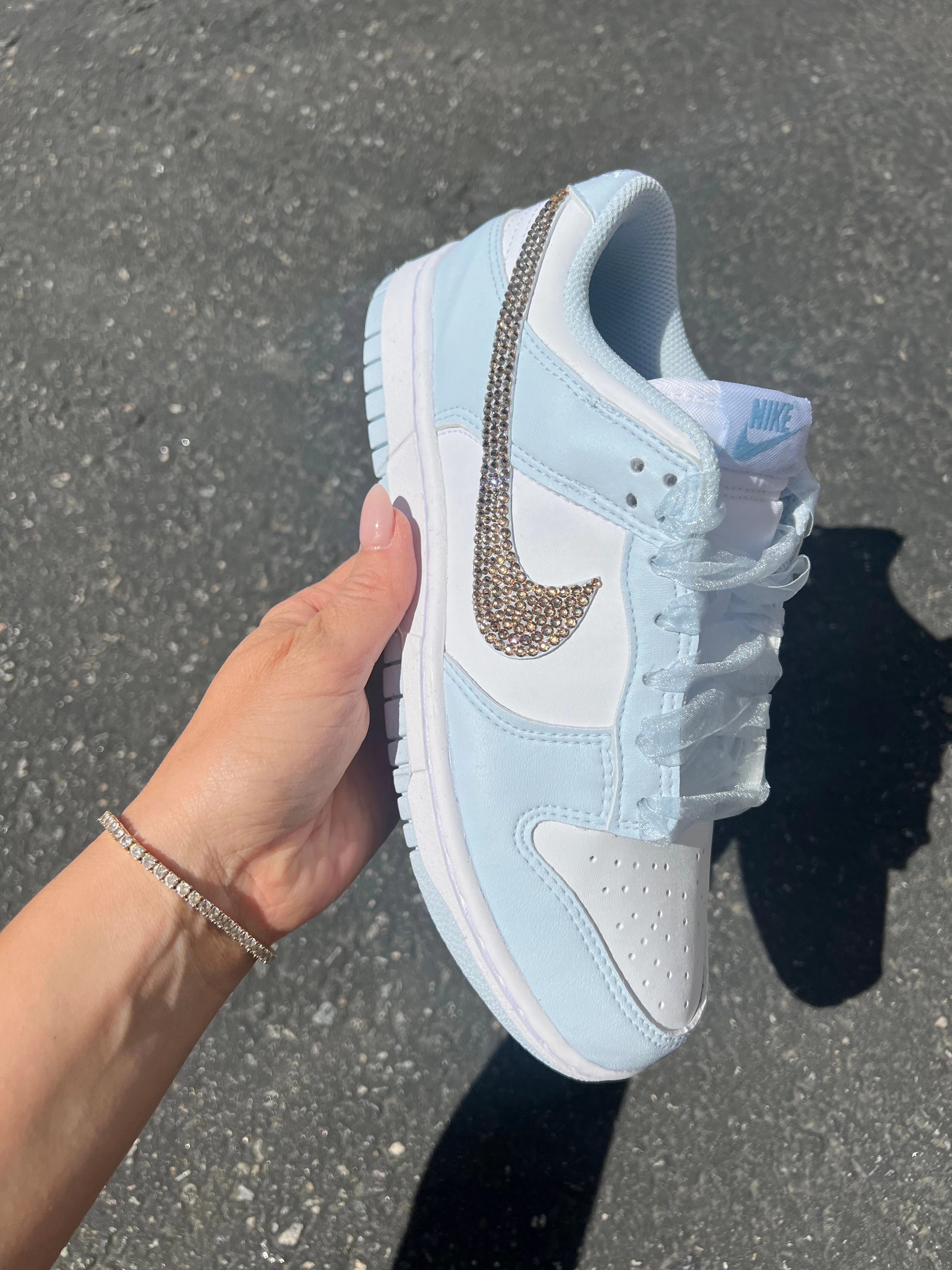 Blue Organza Ribbon Lace Swarovski Womens Nike Dunk Shoes Comfortable Outsole Comfort Technology