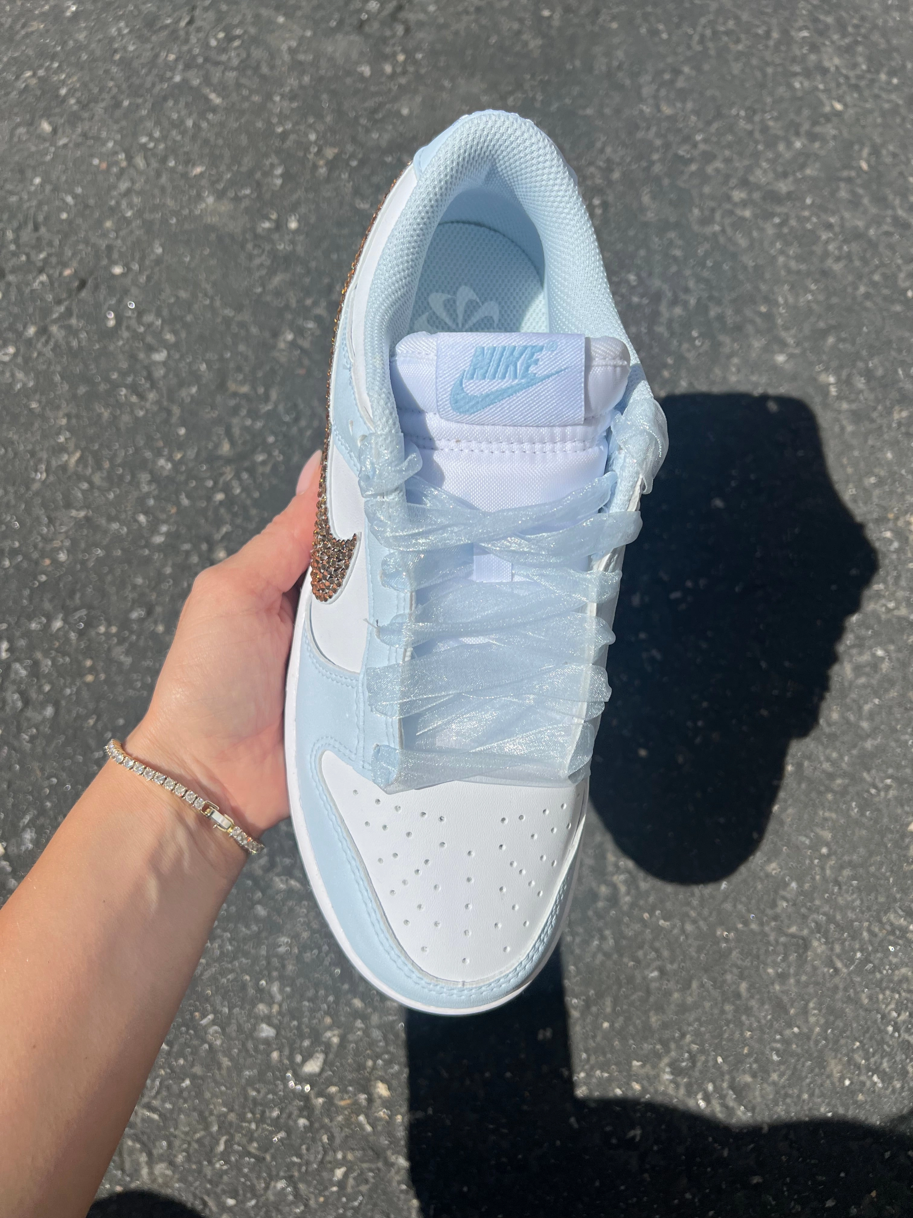 Grounded Steps Step Grip Blue Organza Ribbon Lace Swarovski Womens Nike Dunk Shoes