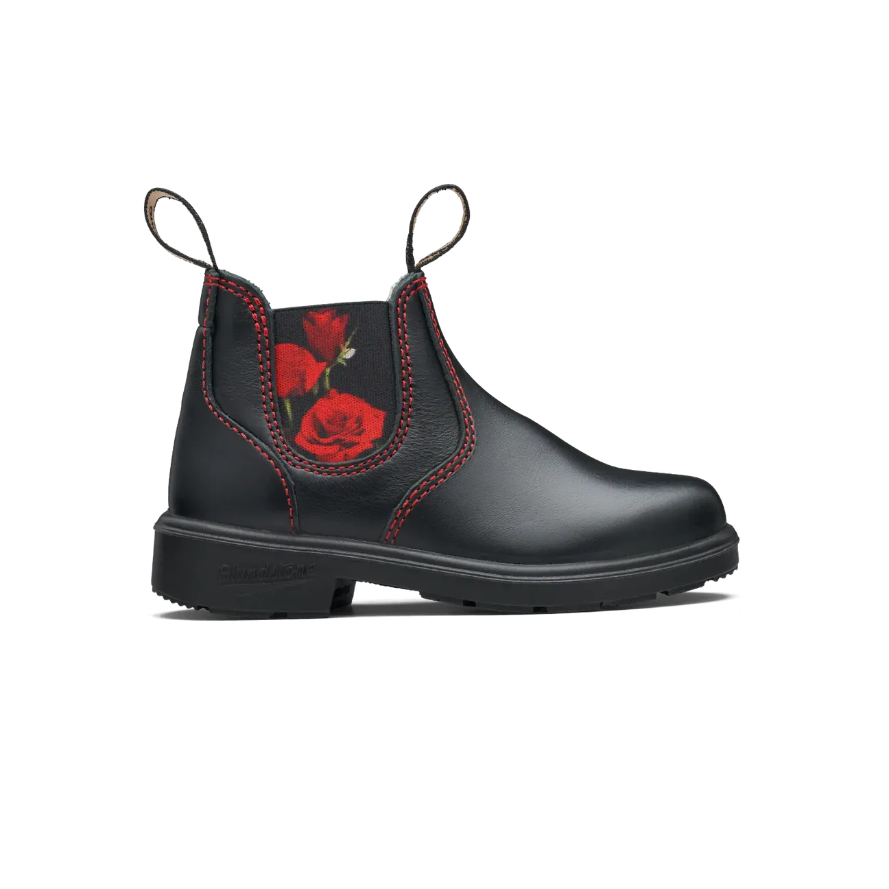 Blundstone Black With Red Rose Elastic Kids' Boot Pull Tab Thick Lining