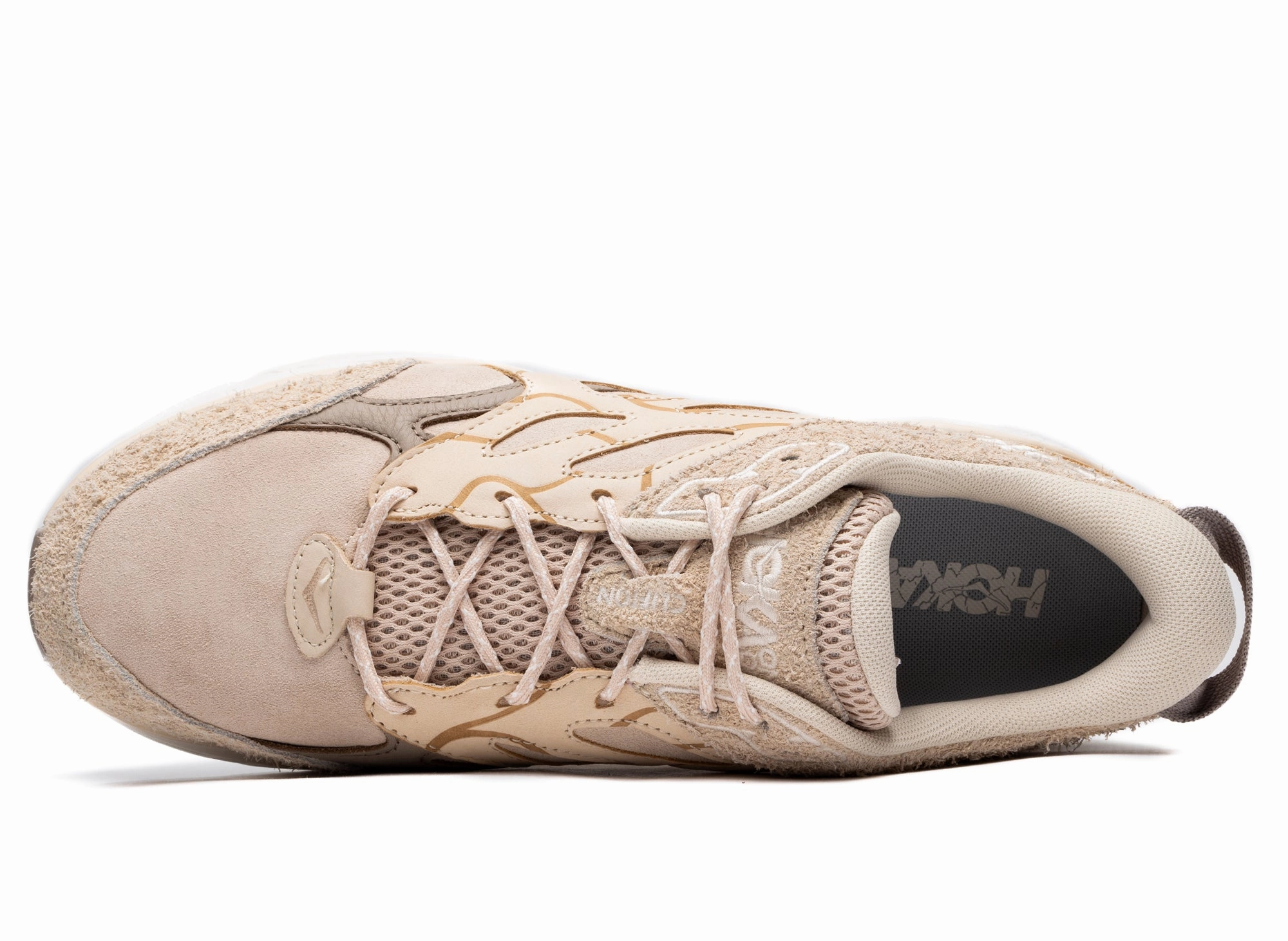 Unisex Hoka Elite Terrain System Clifton L Suede in Oak Tide Hike Feet Ease