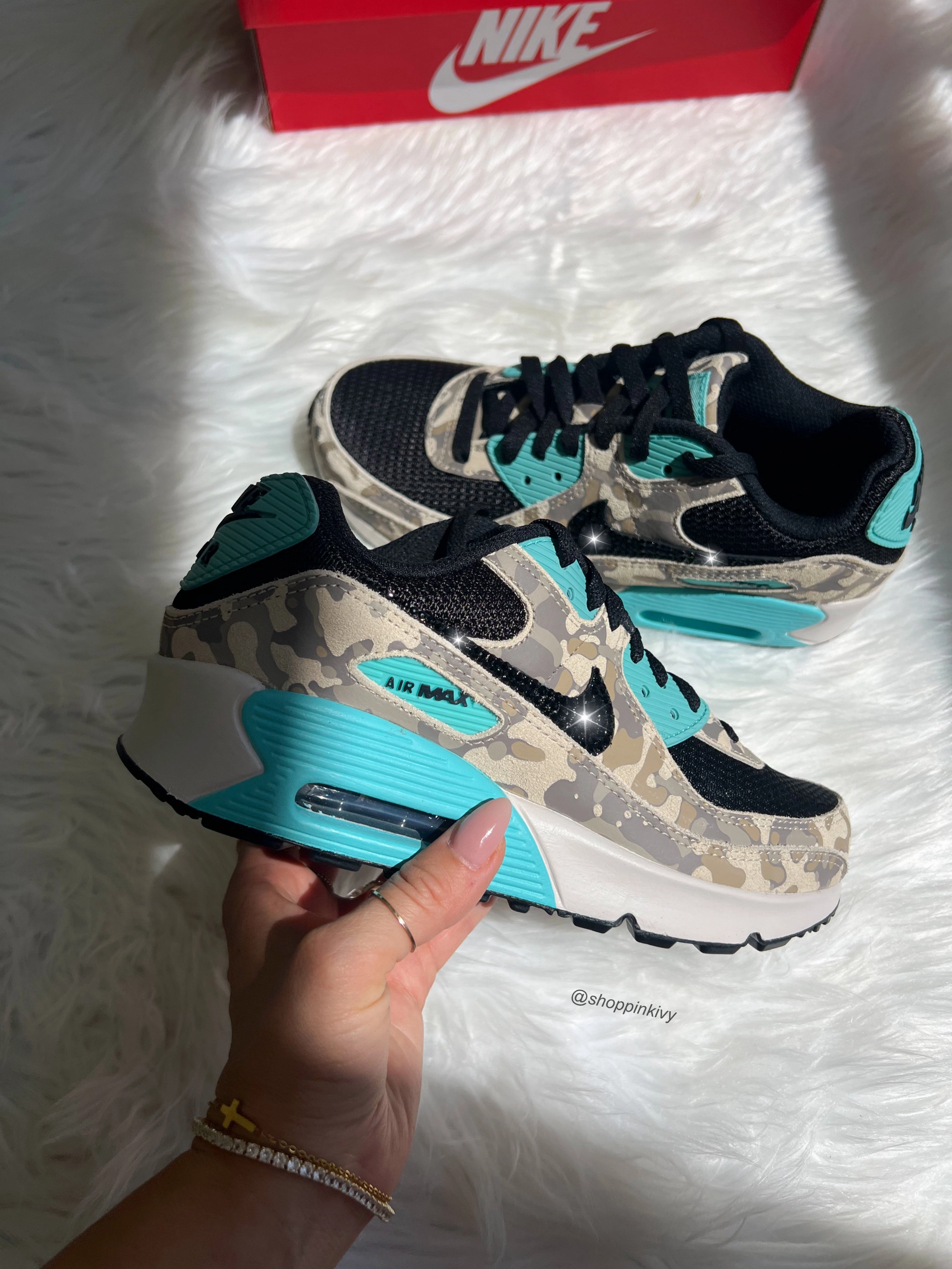 Quiet Walk Camo and Turquoise Swarovski Womens Nike Air Max 90