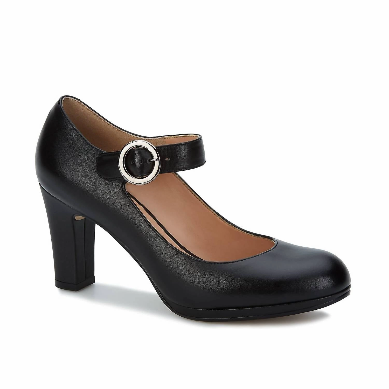 Women's Leather Heels With Ankle Strap In Black Elegant Arch