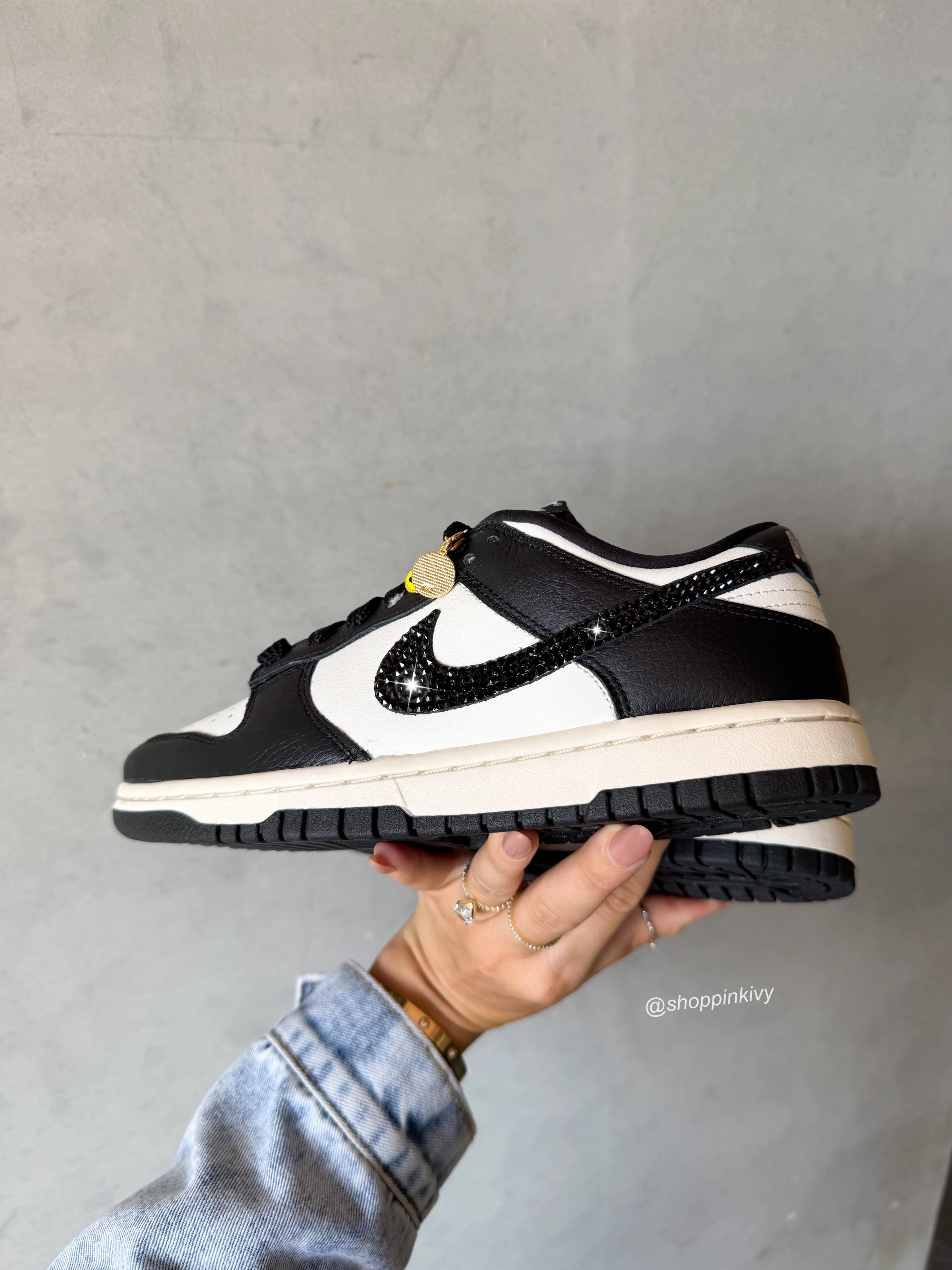 Comfort sole Slip On Construction CHARMS Limited Edition Panda Swarovski Womens Nike Dunk Shoes