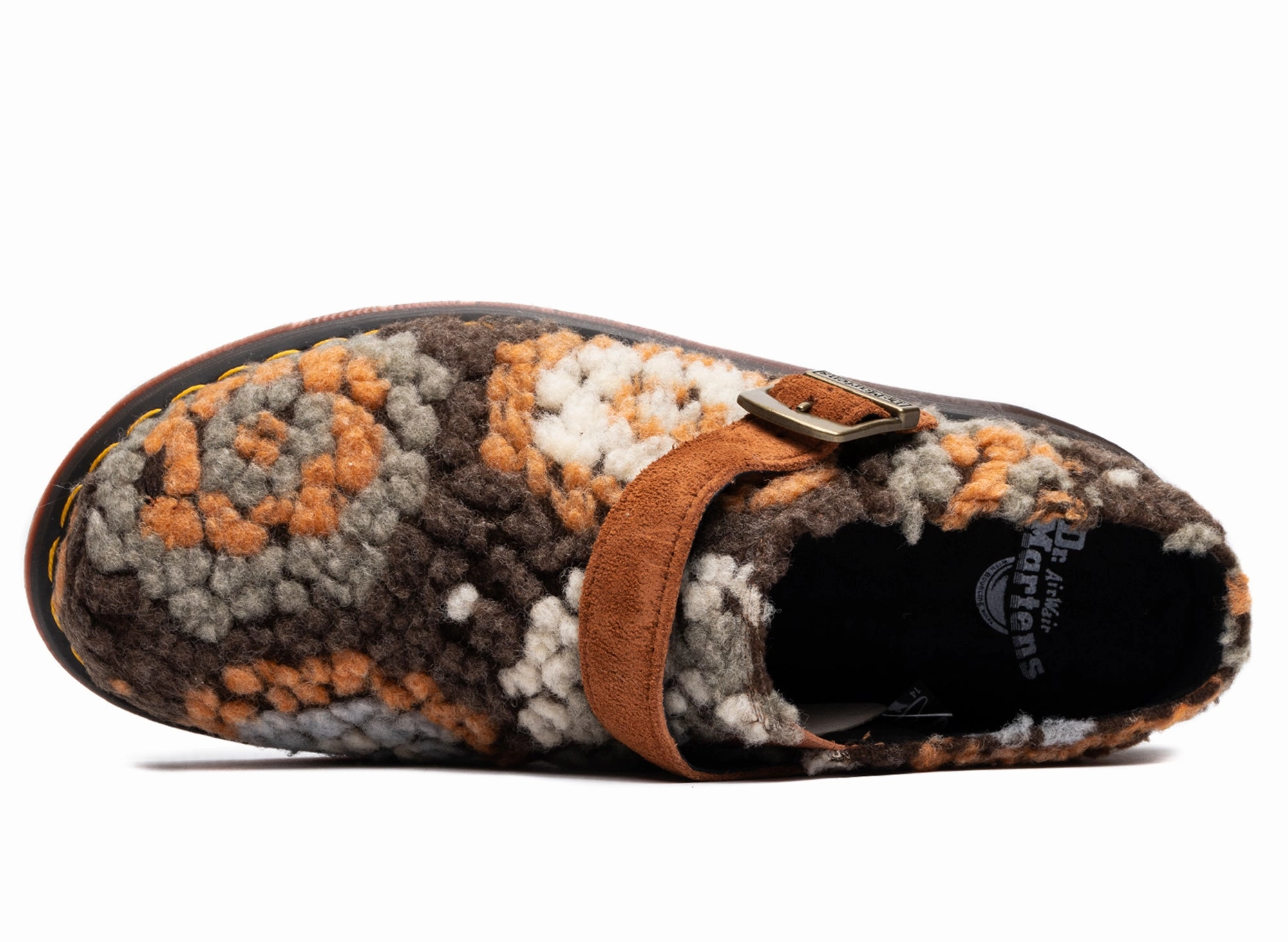 Stair Climb foldable Dr. Martens Isham Crochet Wool Suede Mules in Tan