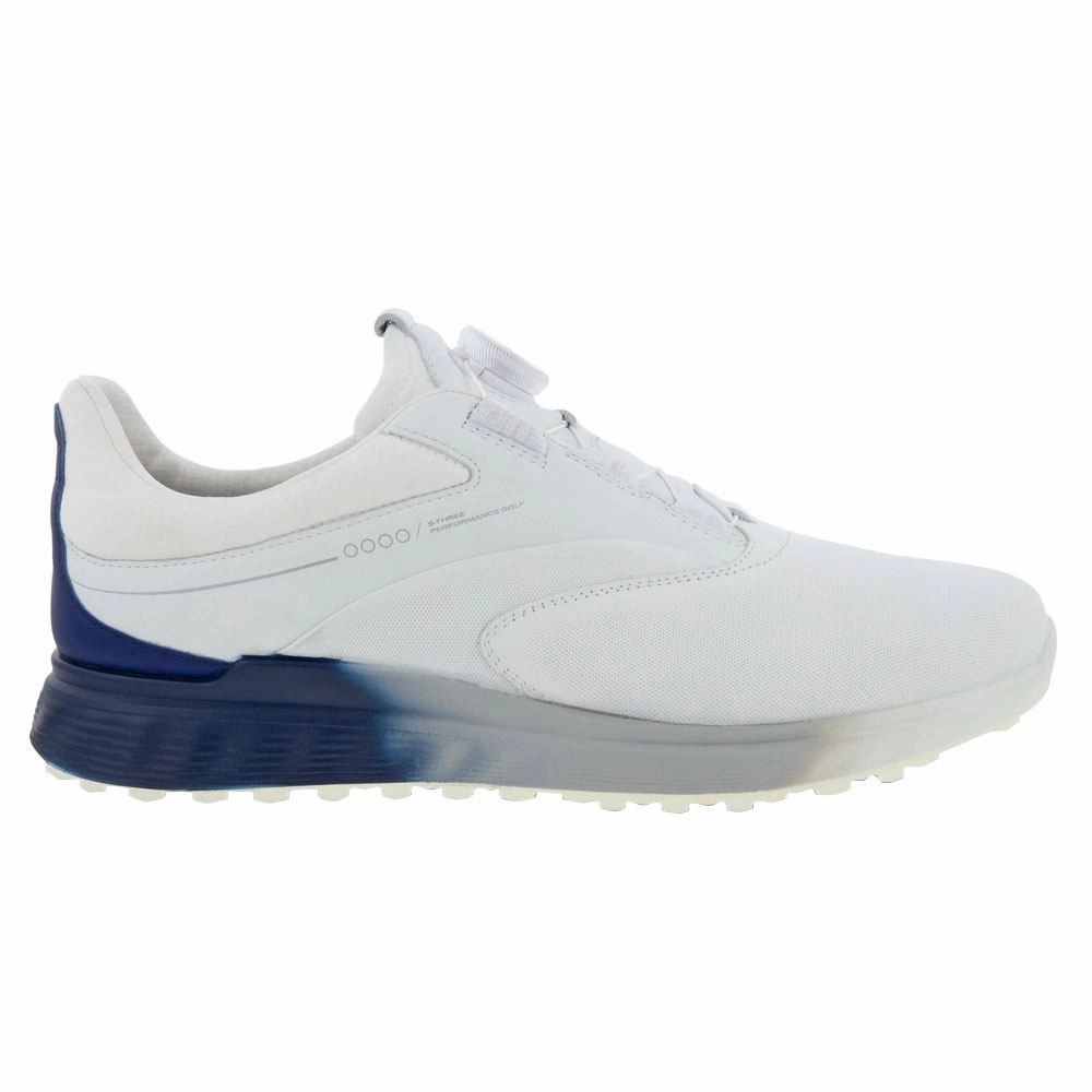 Ultra Durable ECCO S-Three GTX BOA Spikeless Golf Shoes White/Blue Depths/Bright White - SS23 Men