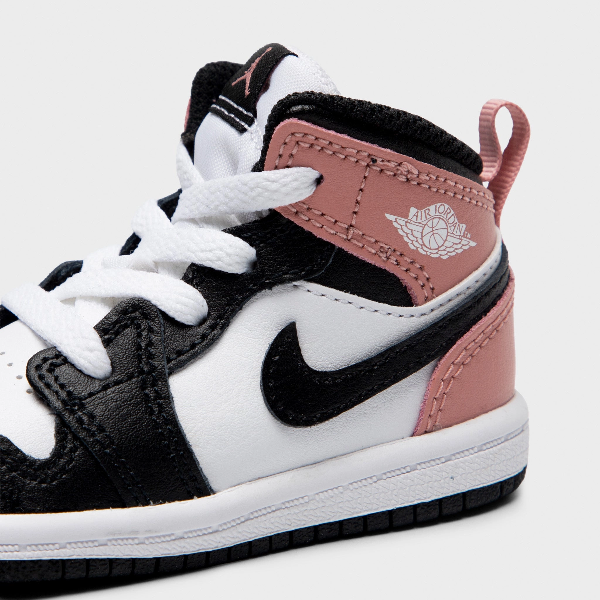 Jordan 1 Mid TD White / Black - Rust Pink lace up closure