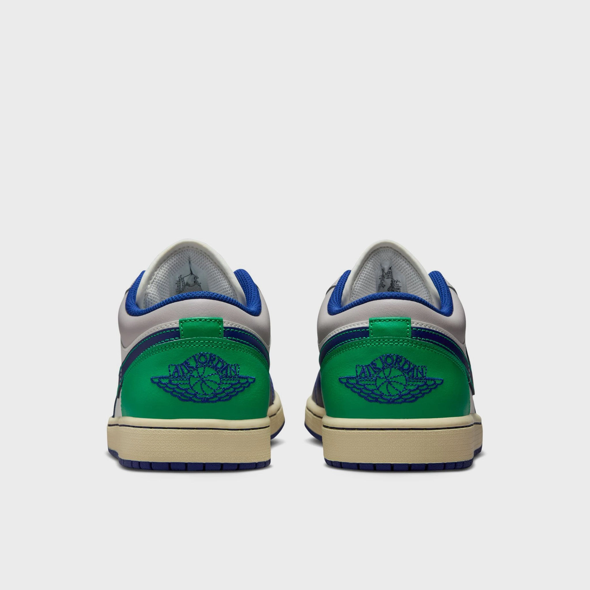 Jordan 1 Low Sail / Deep Royal Blue - Stadium Green Ventilated Tongue Construction
