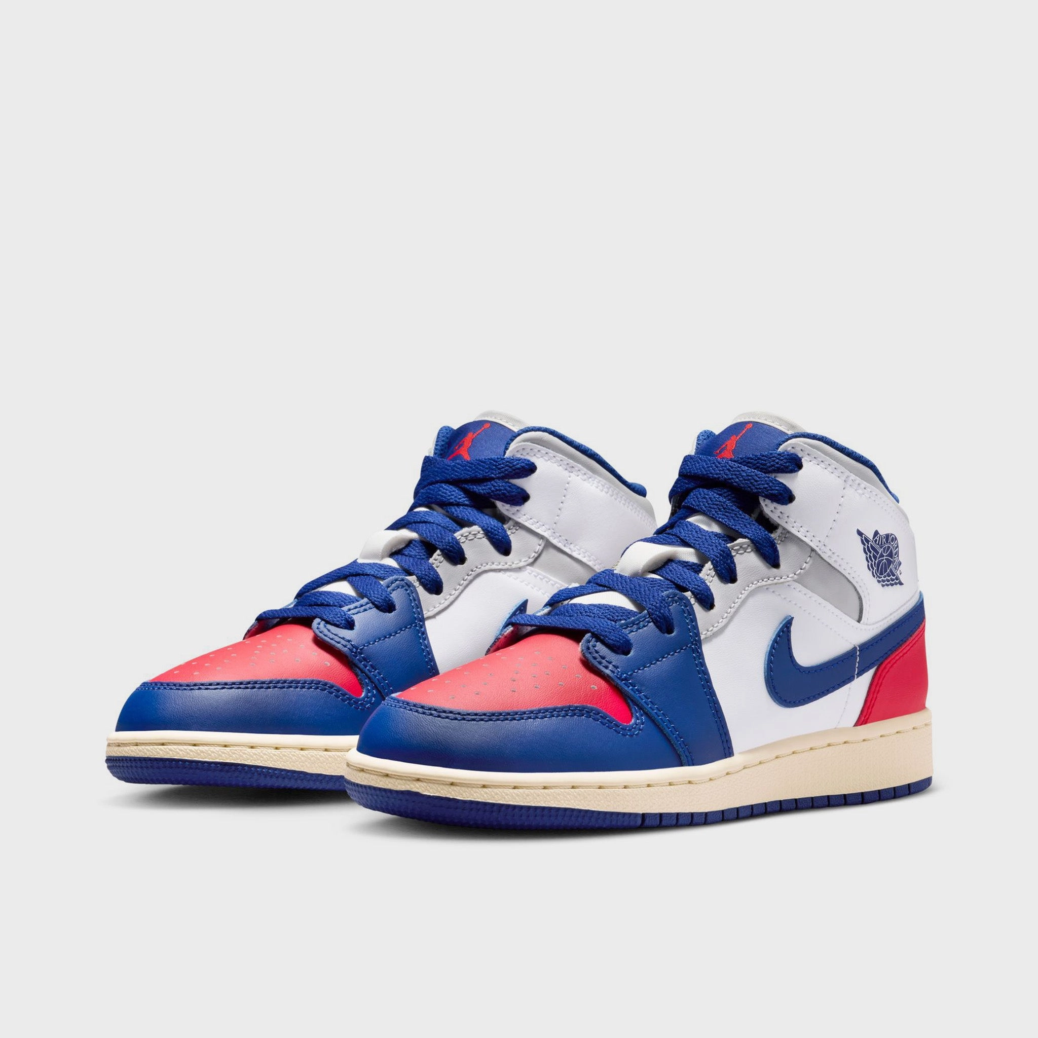 Jordan 1 Mid GS White / Deep Royal Blue - University Red Shock Absorbing Game-Changer Shoes