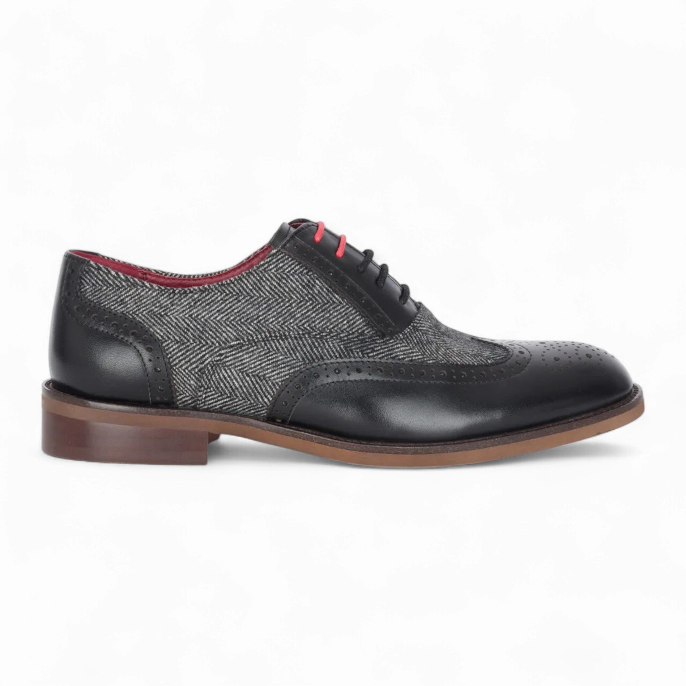Justin Reess Men's Black Leather Tweed Brogue Shoes - Albert Refined Style Client Meeting Fashion Oxfords