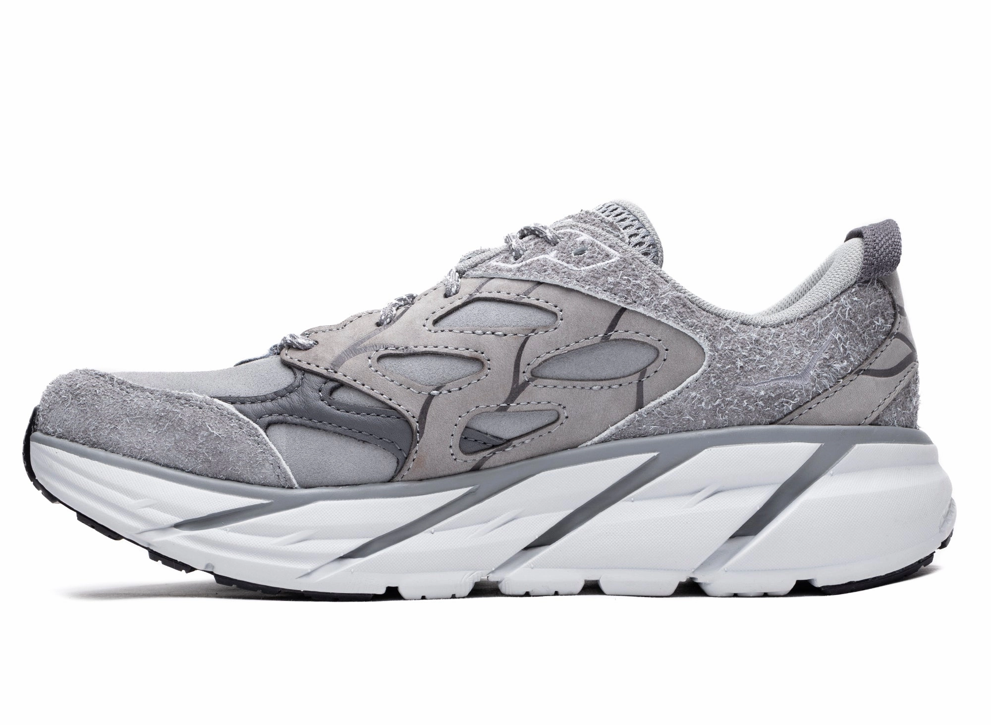 Unisex Hoka Elite Terrain System Clifton L Suede in Galactic Grey Park Ready