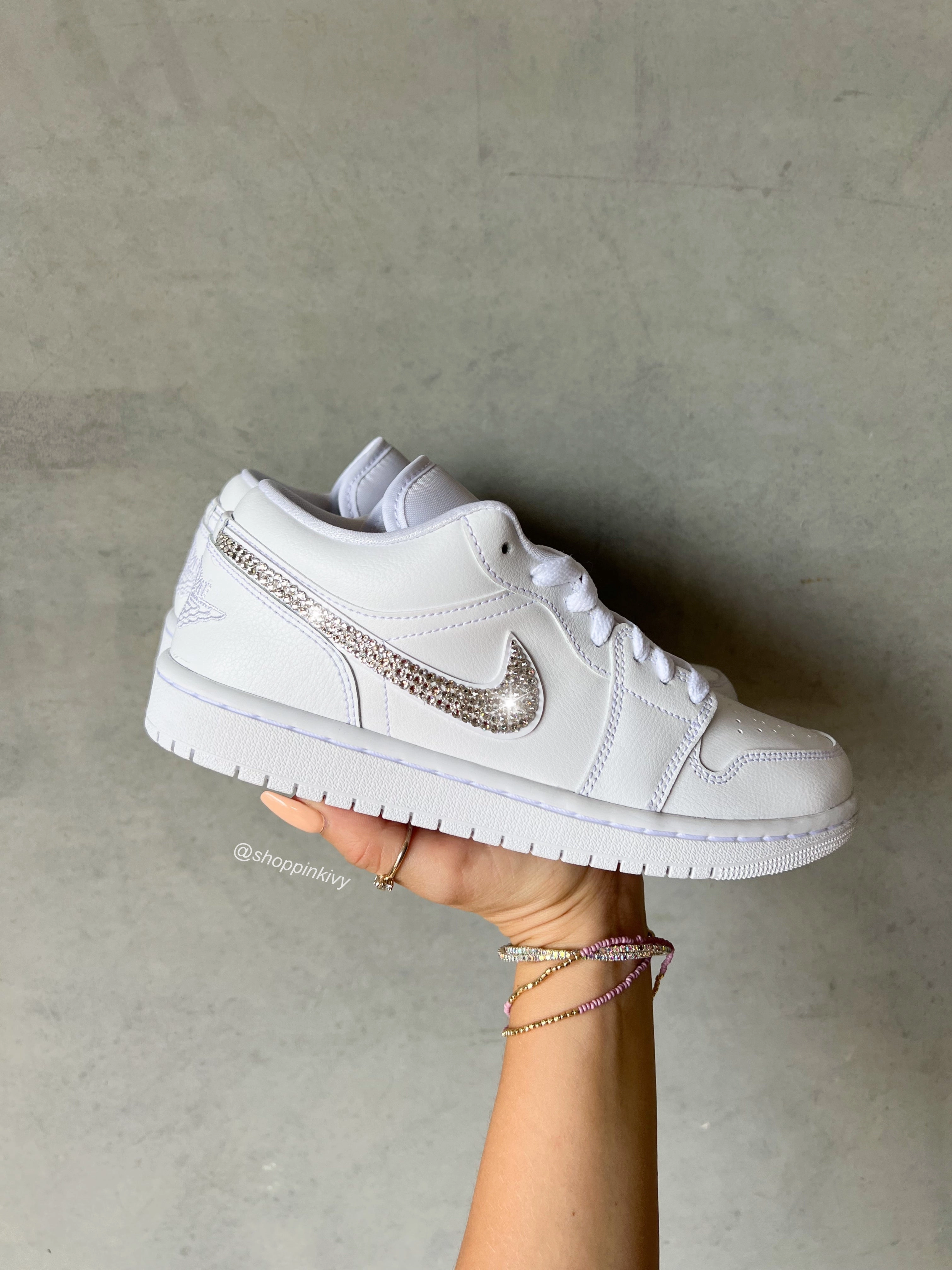 White Swarovski Women??s Air Jordan 1 Low Shoes Fast Slip Quiet Steps