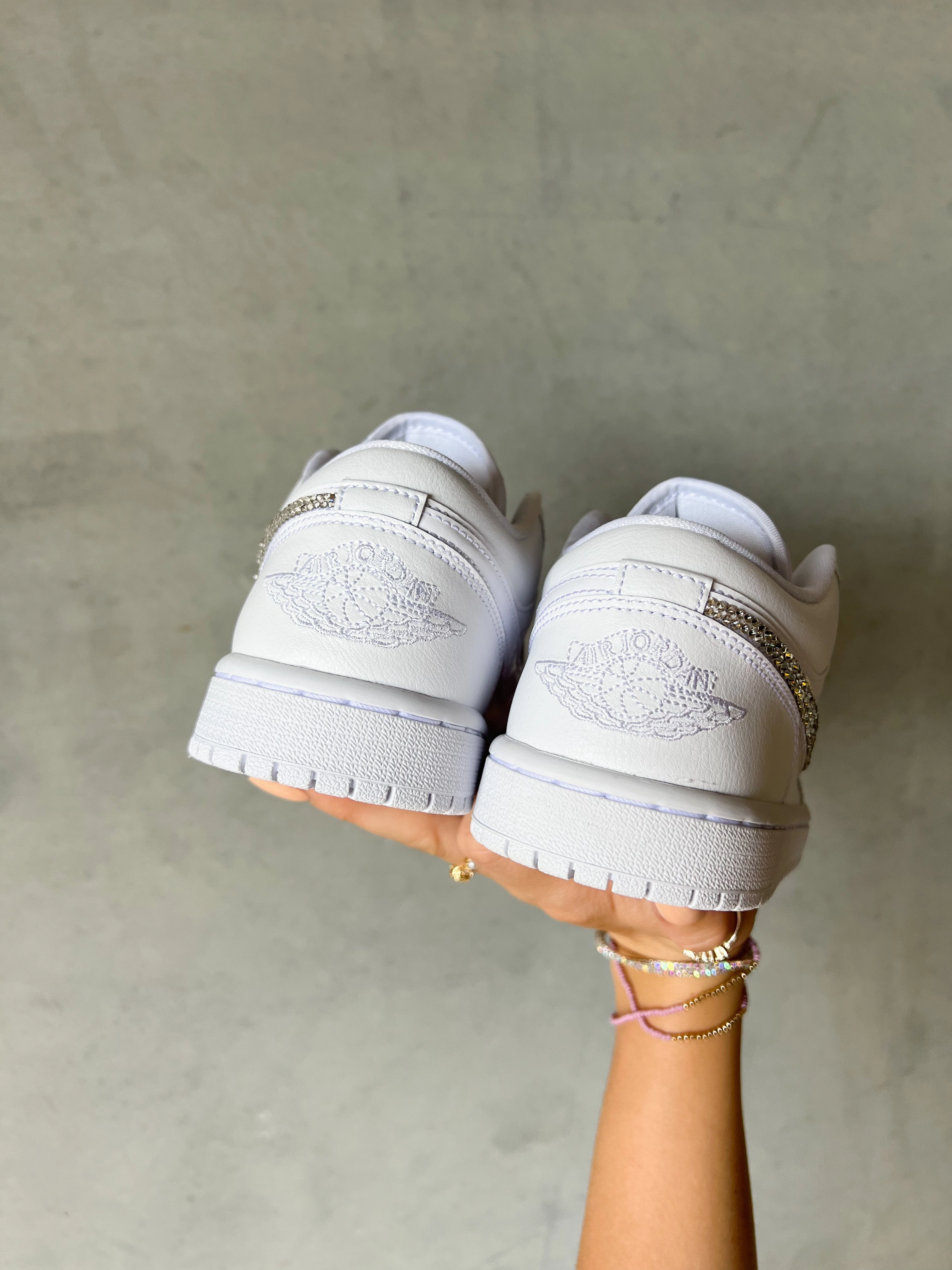 White Swarovski Women??s Air Jordan 1 Low Shoes Season Ready Long distance
