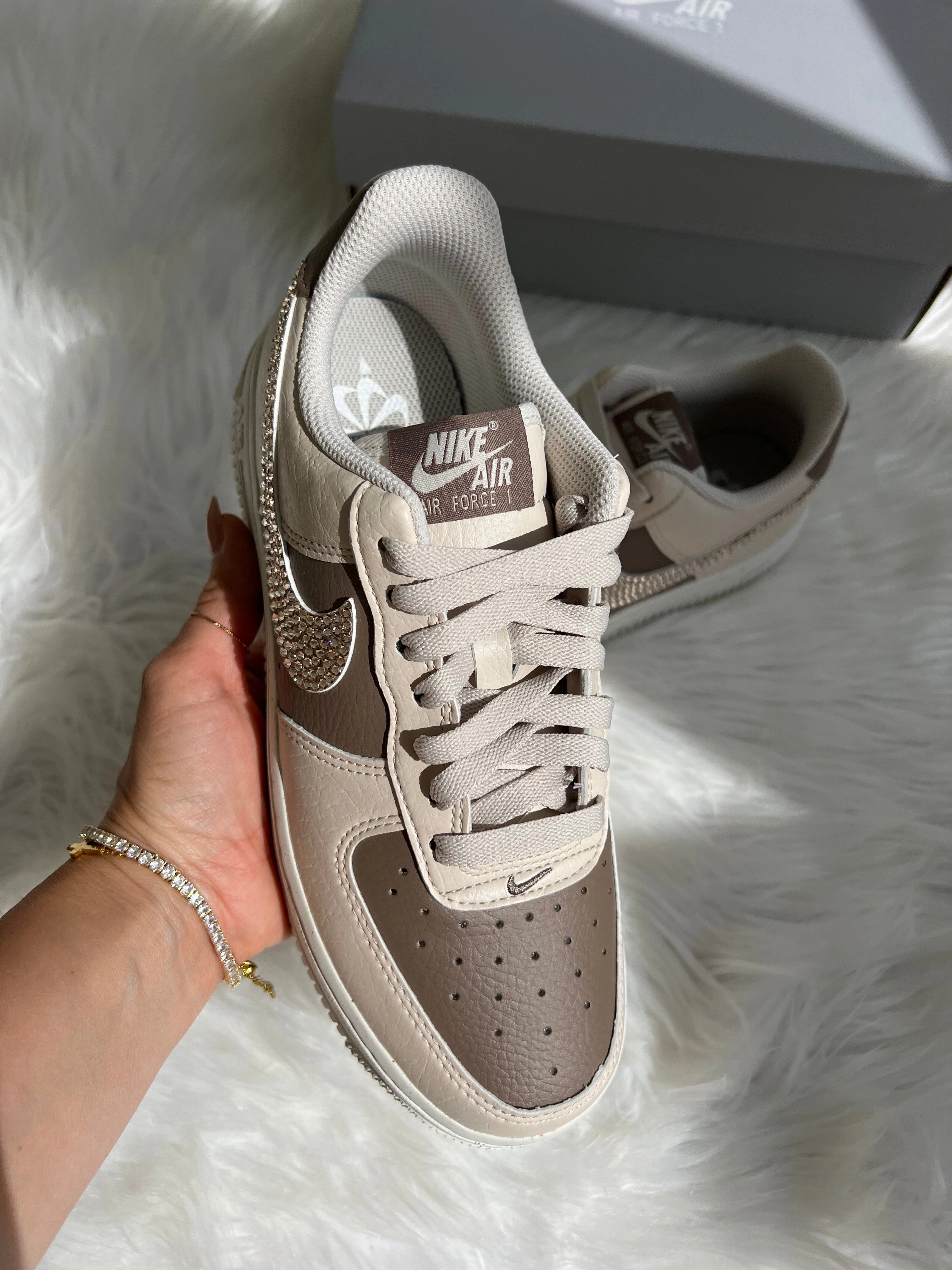 Neutral Cafe Swarovski Womens Nike Air Force One Leather Material Jogging Gear