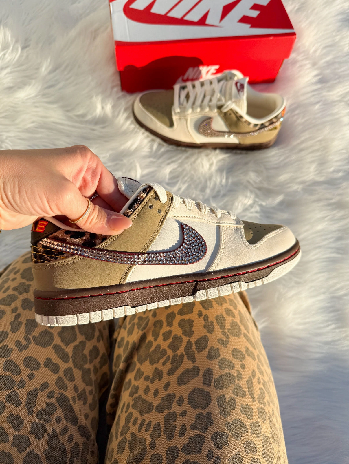 Compact Build NEW FALL Leopard Khaki Swarovski Womens Nike Dunk Shoes
