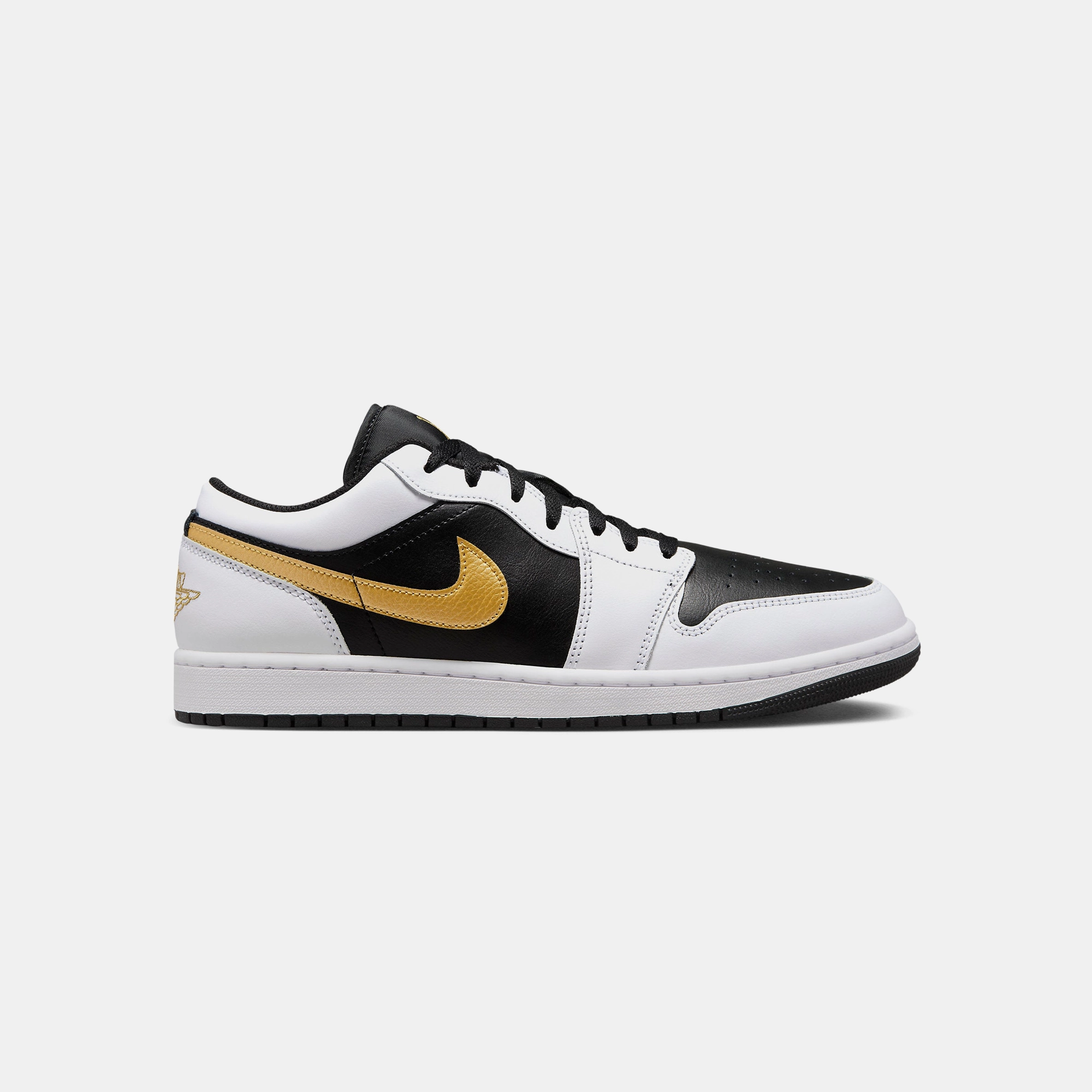Nike Air Jordan 1 Low White Black Metallic Gold Swoosh Pace Friendly Steady Motion