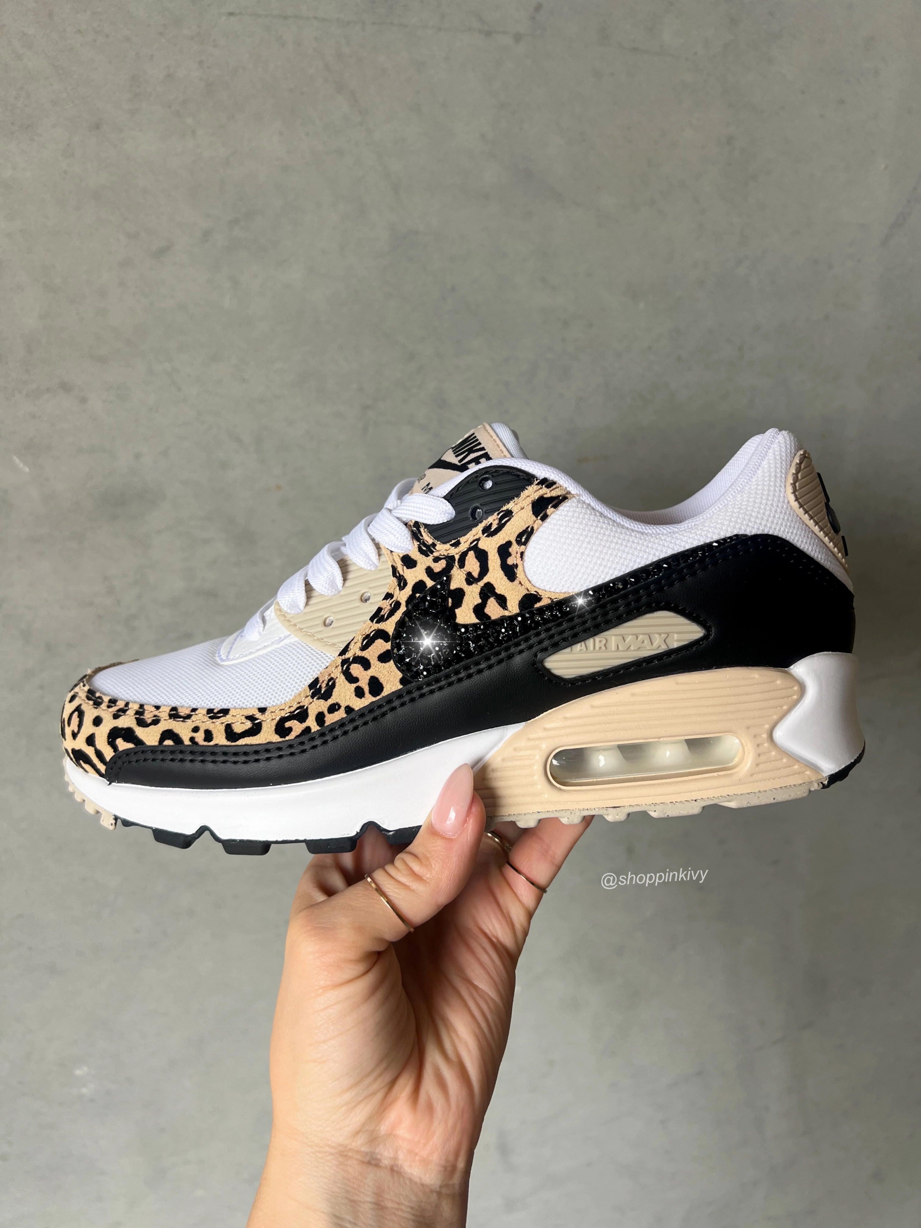 RARE Leopard Animal Print Swarovski Womens Nike Air Max 90 Hold Hike Slide Step