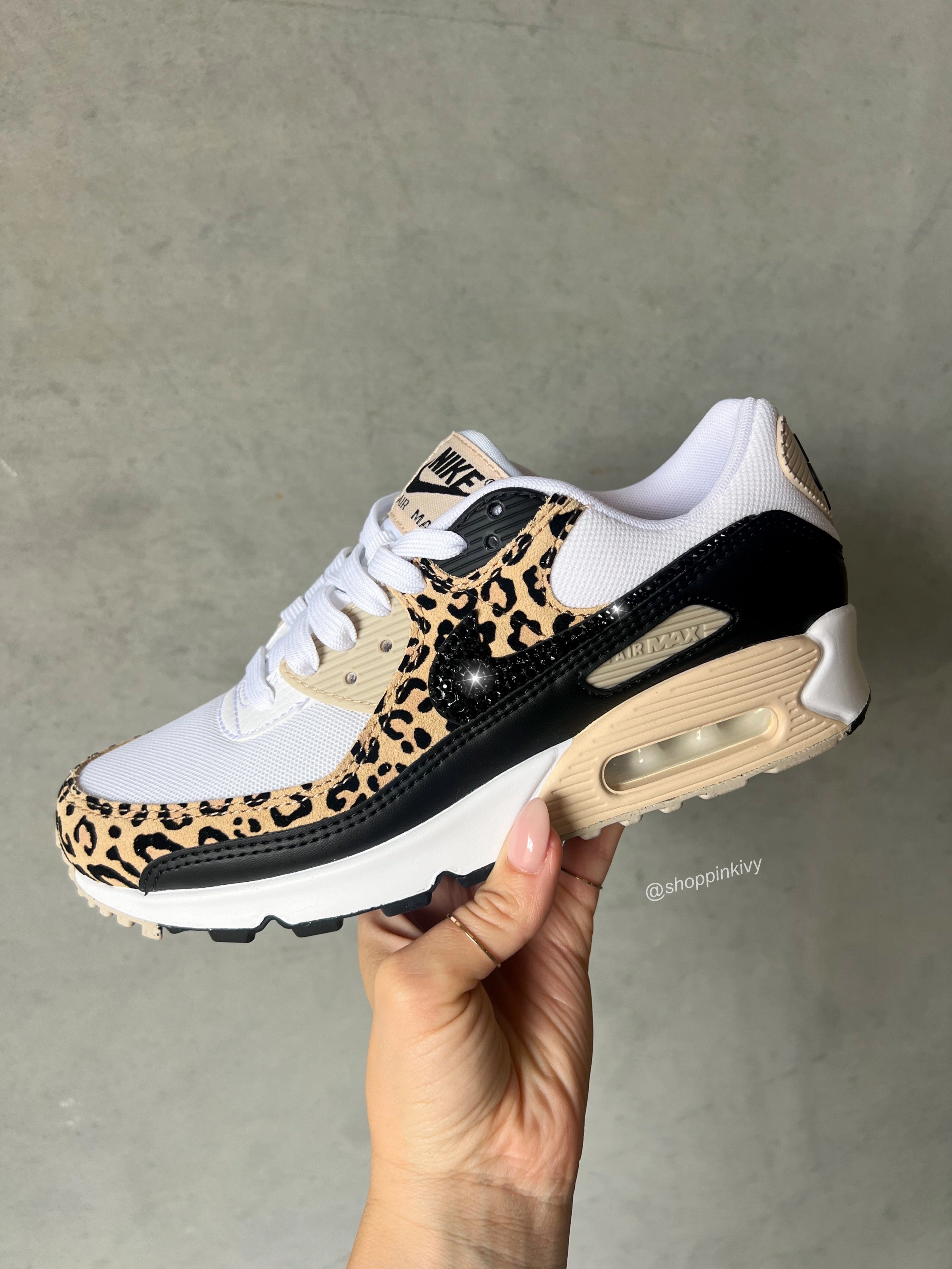 RARE Leopard Animal Print Swarovski Womens Nike Air Max 90 Casual Style Shoes