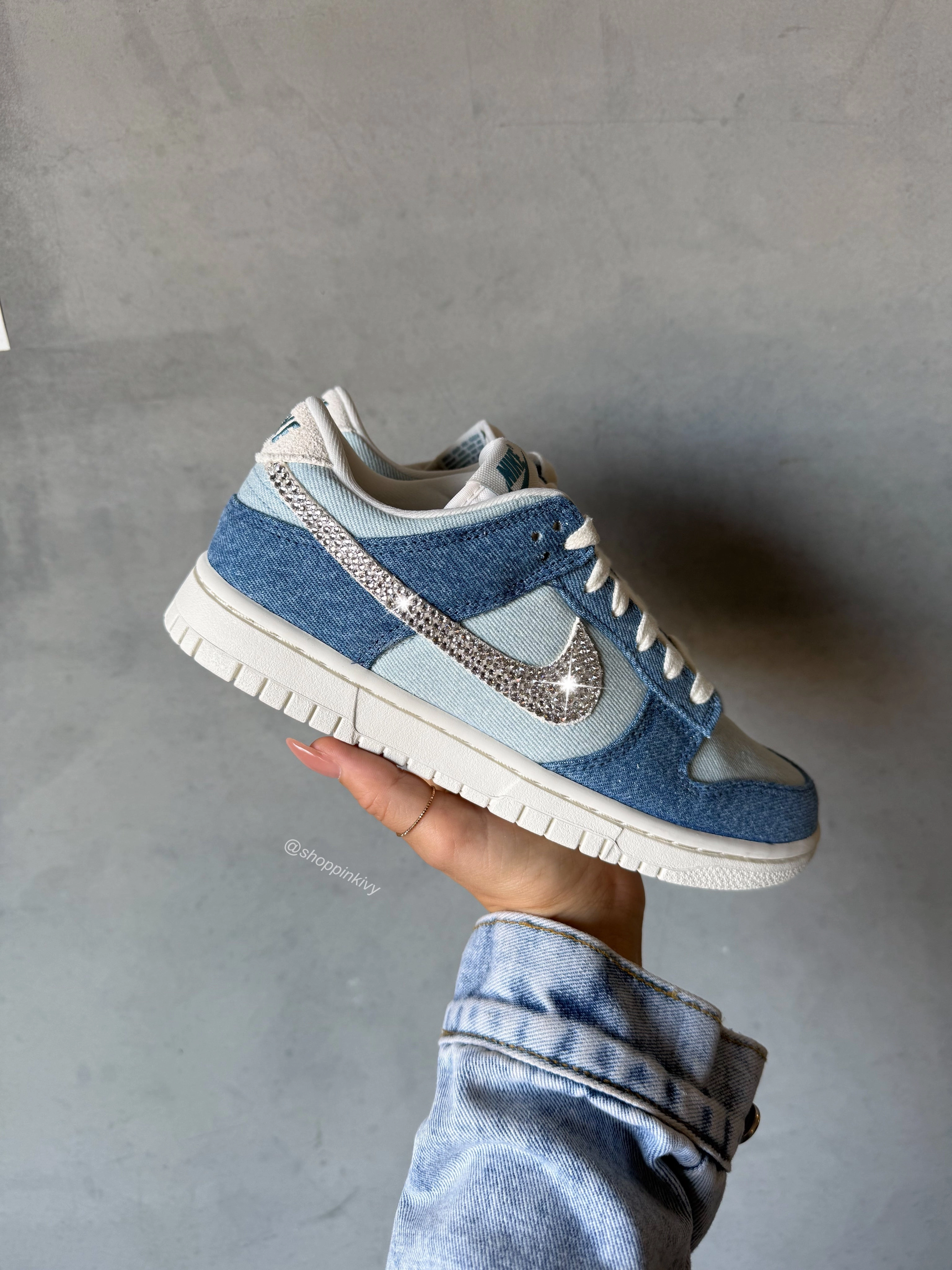 Special Edition Denim Swarovski Womens Nike Dunk Shoes Chill Style Foot Focus