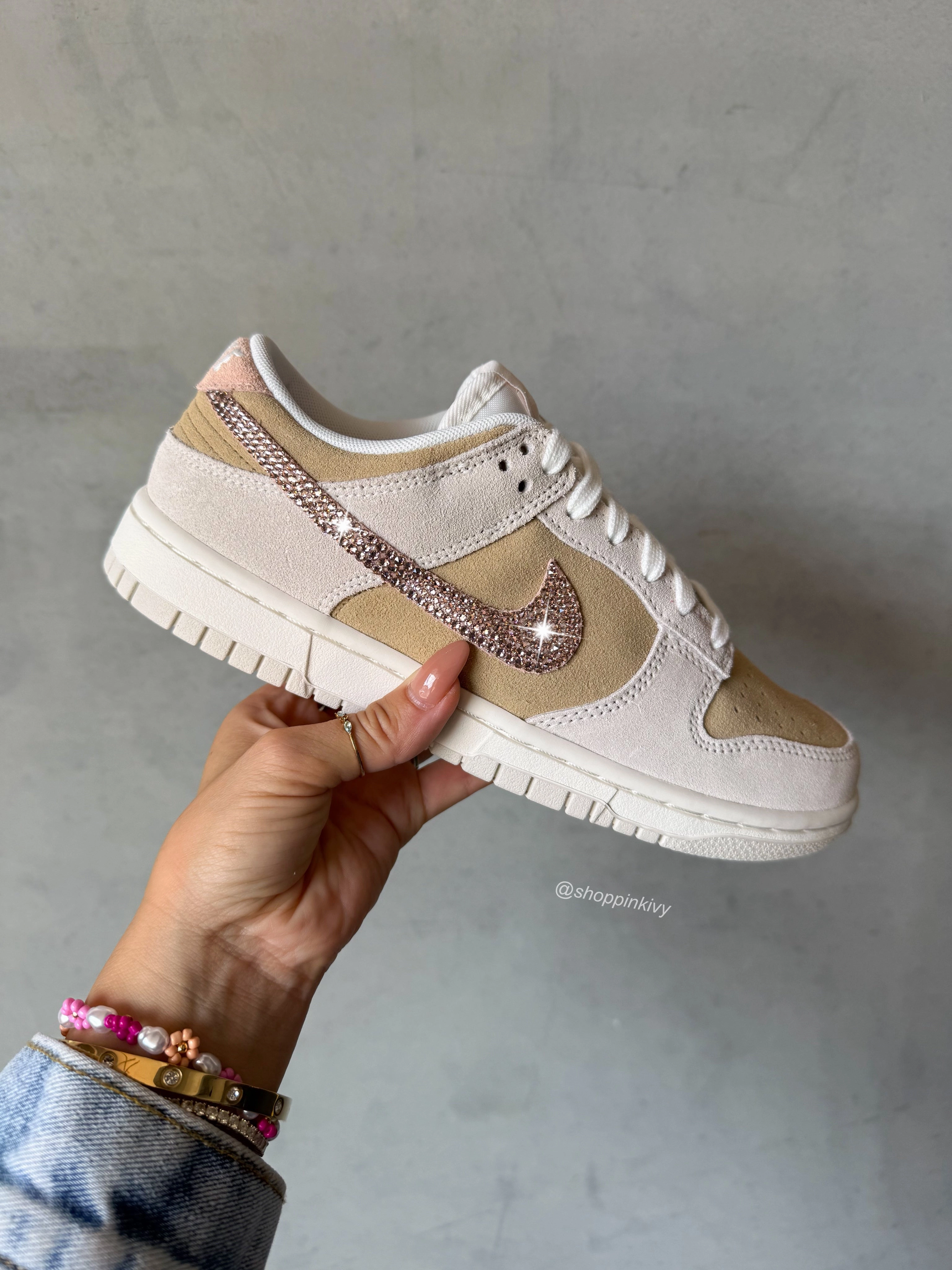 ?NEW? Neutral Sand Pink Swarovski Womens Nike Dunk Shoes Ease Style Sporty