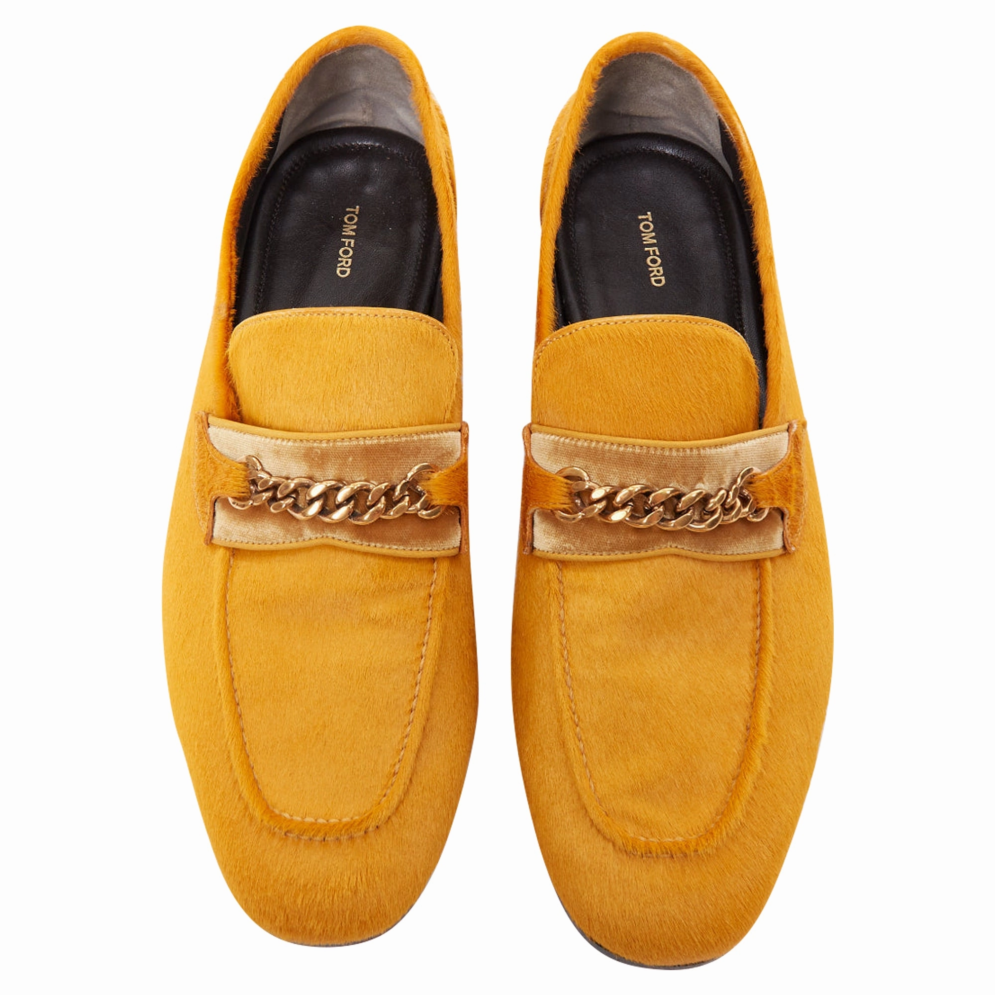 Tom Ford mustard yellow calf hair g chain velvet moccasin loafers Stylish Lace-ups