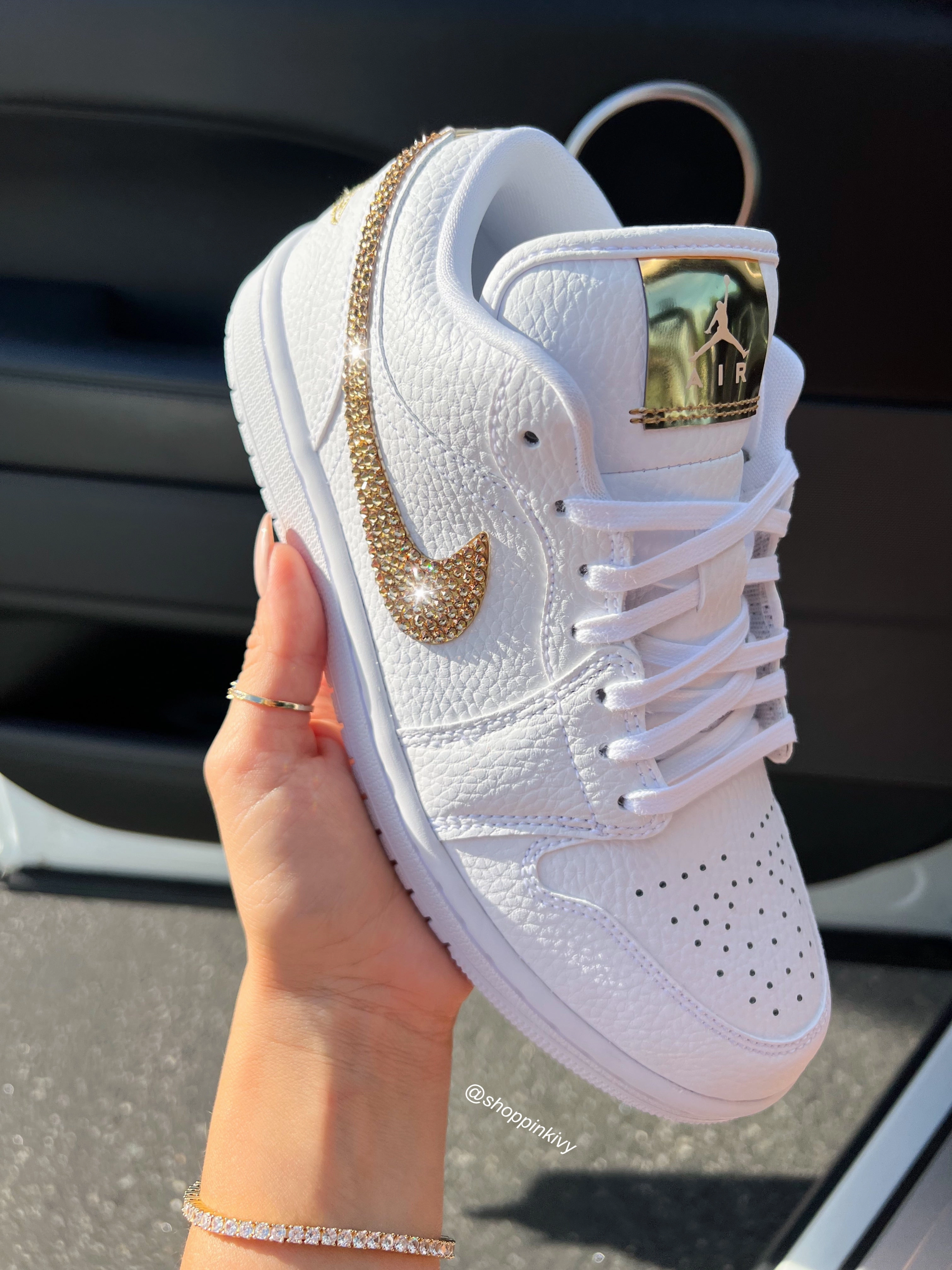 Slow Walks Slow Living White Gold Swarovski Women??s Air Jordan Retro 1 Low Shoes