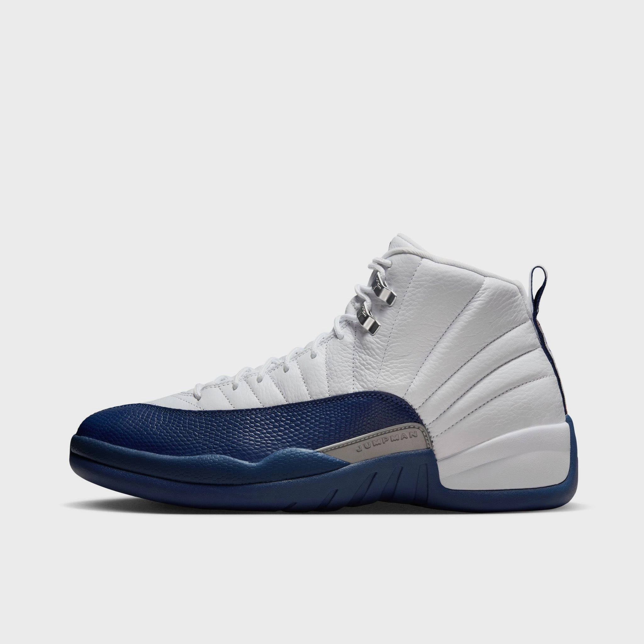 Jordan 12 Retro White / French Blue - Metallic Silver Flex Control