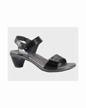 Beach Glam Fashion Sandals Women's Extant Heel In Metallic Onyx Leather/black Madras Leather