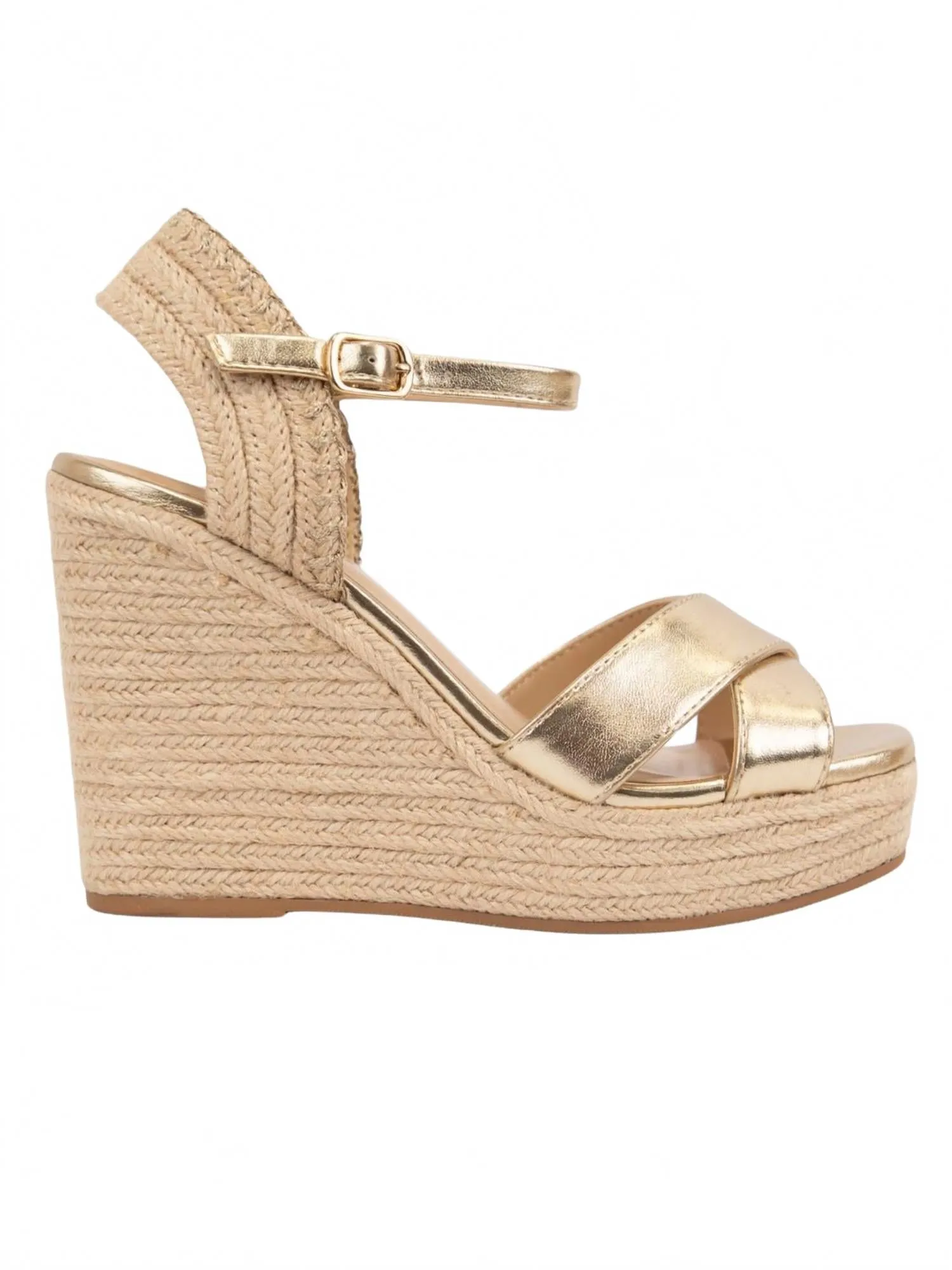 Shape Spark Work Guard Women's Cross Strap Espadrille Wedge Heel In Gold