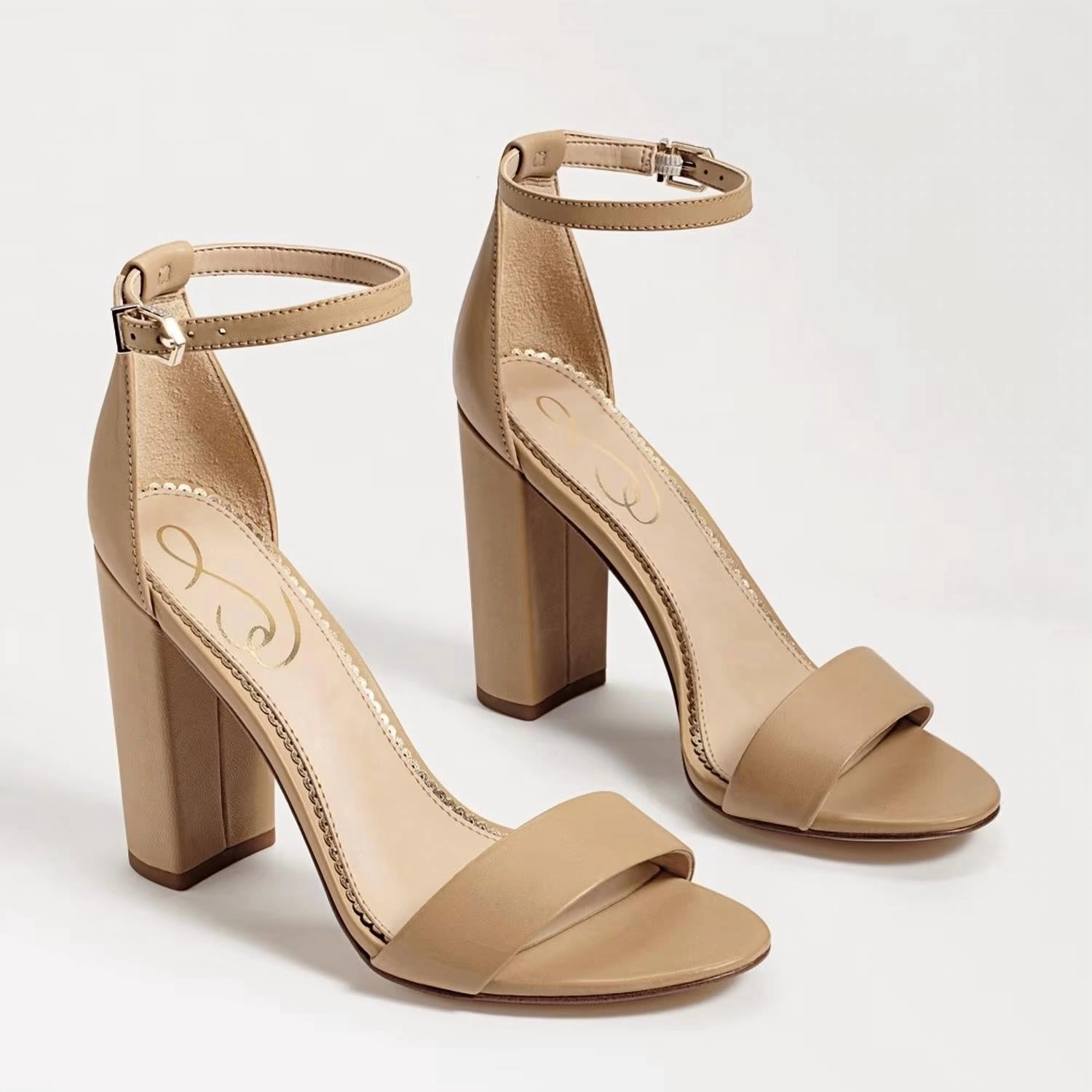 Square Cut Glam Spark Yaro Block Heel Sandal In Soft Beige